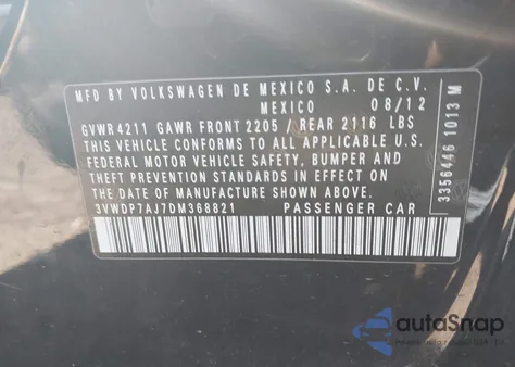 2013 Volkswagen Jetta 2.5L Se из США, поврежденный, VIN 3VWDP7AJ7DM368821